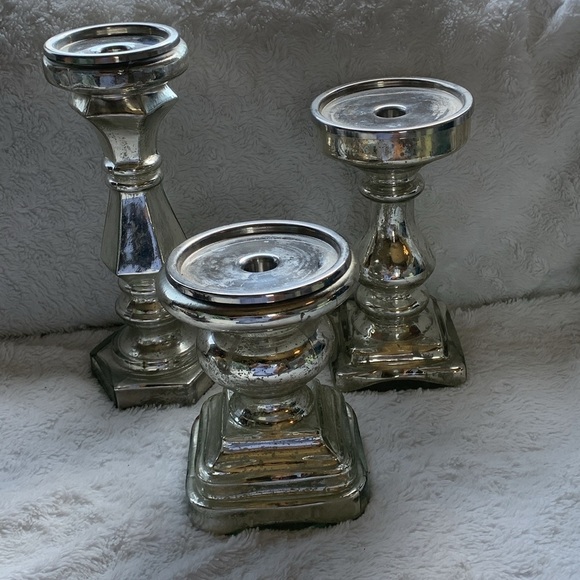 Mercury glass Antiqued Mirror Chunky Candleholder set of 3 glam shabby chic - Picture 4 of 14